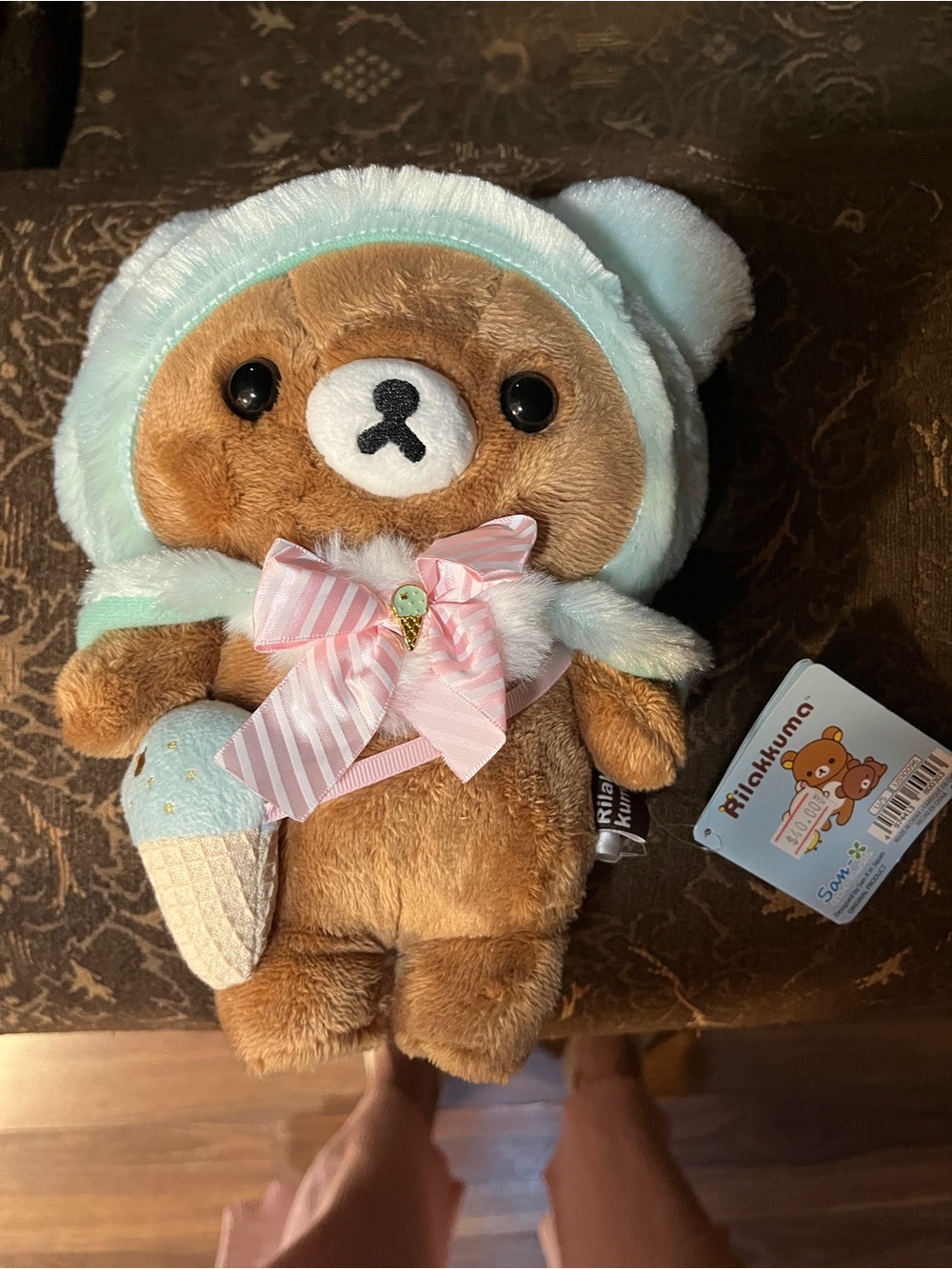 Rilakkuma Brown Plush Bear Toy with Blue Ice Cream Accents